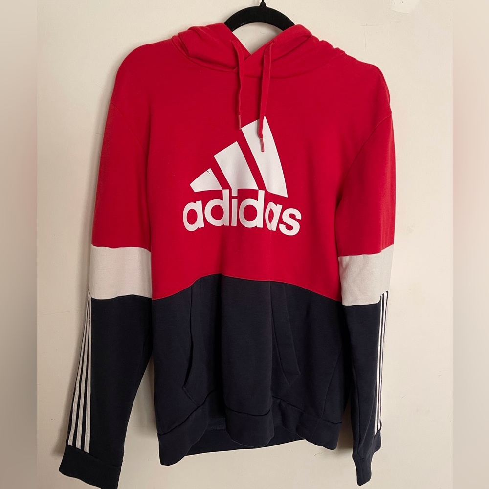 Adidas hoodie sweatshirt red black white women’s size large small mark on sleeve